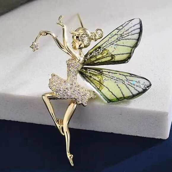 Beautiful Rhinestone & Resin Dancing Ballerina Fairy Rainbow Brooch Pin Green - Picture 2 of 5